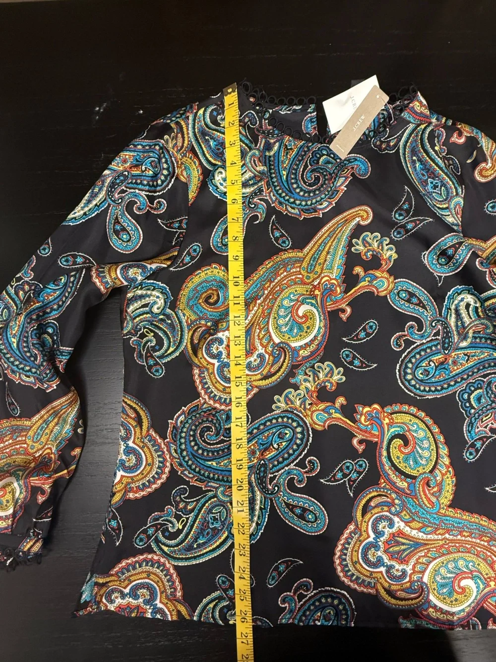 J. Crew 100% Black Paisley-Print Long Sleeve Blouse Scallop Trim